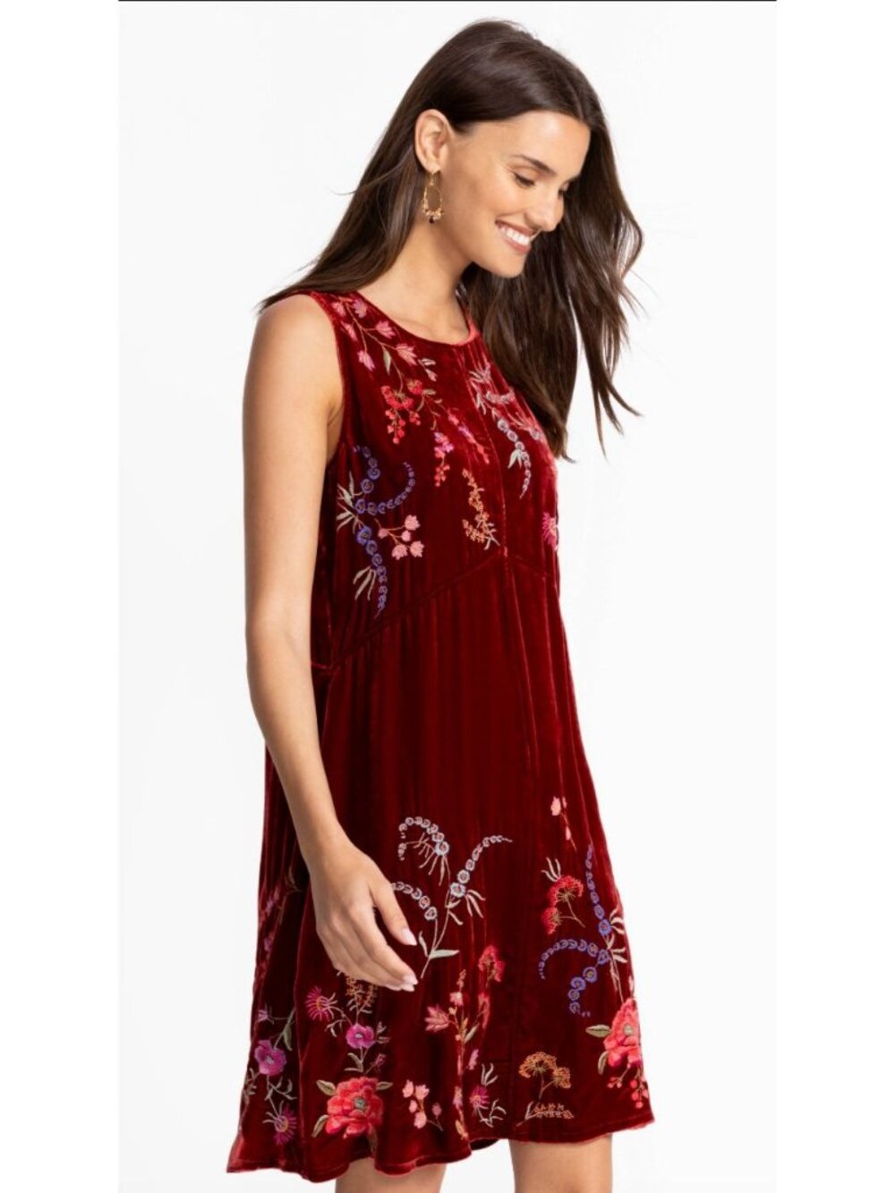 Johnny Was $378 Velvet Chevron Tank Dress Size XL Floral Embroidered Mini - Picture 2 of 8